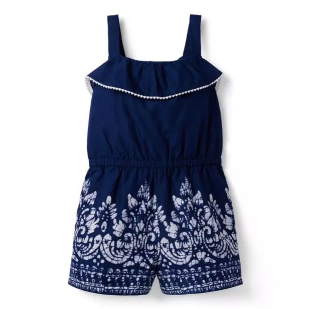 Janie and Jack sleeveless border print pom pom romper merchant marine girls 3T
